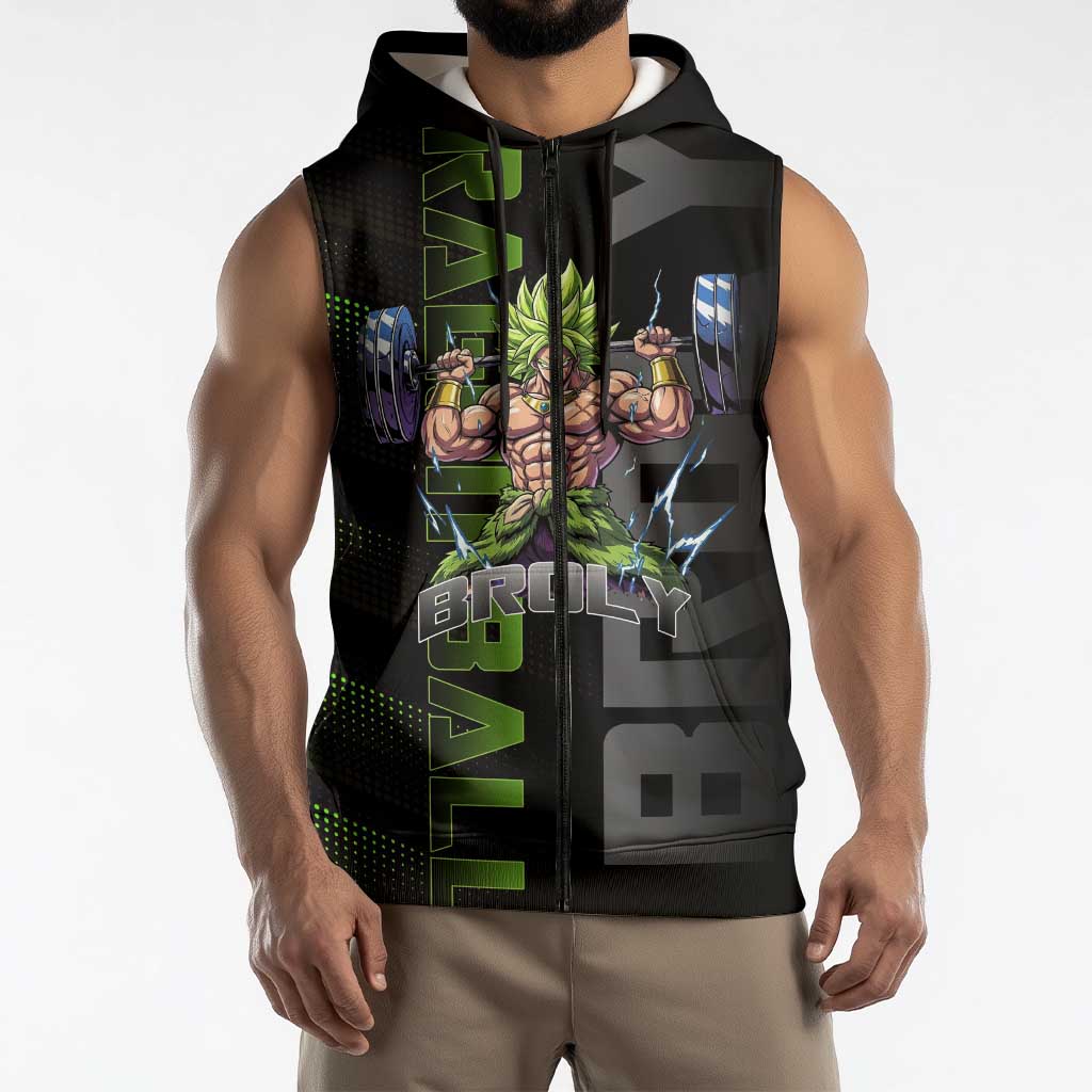 Broly Gym Theme Black and Green Design Sleeveless Zip Hoodie with Powerlifting Pose and Electrified Muscle Artwork - The Mazicc