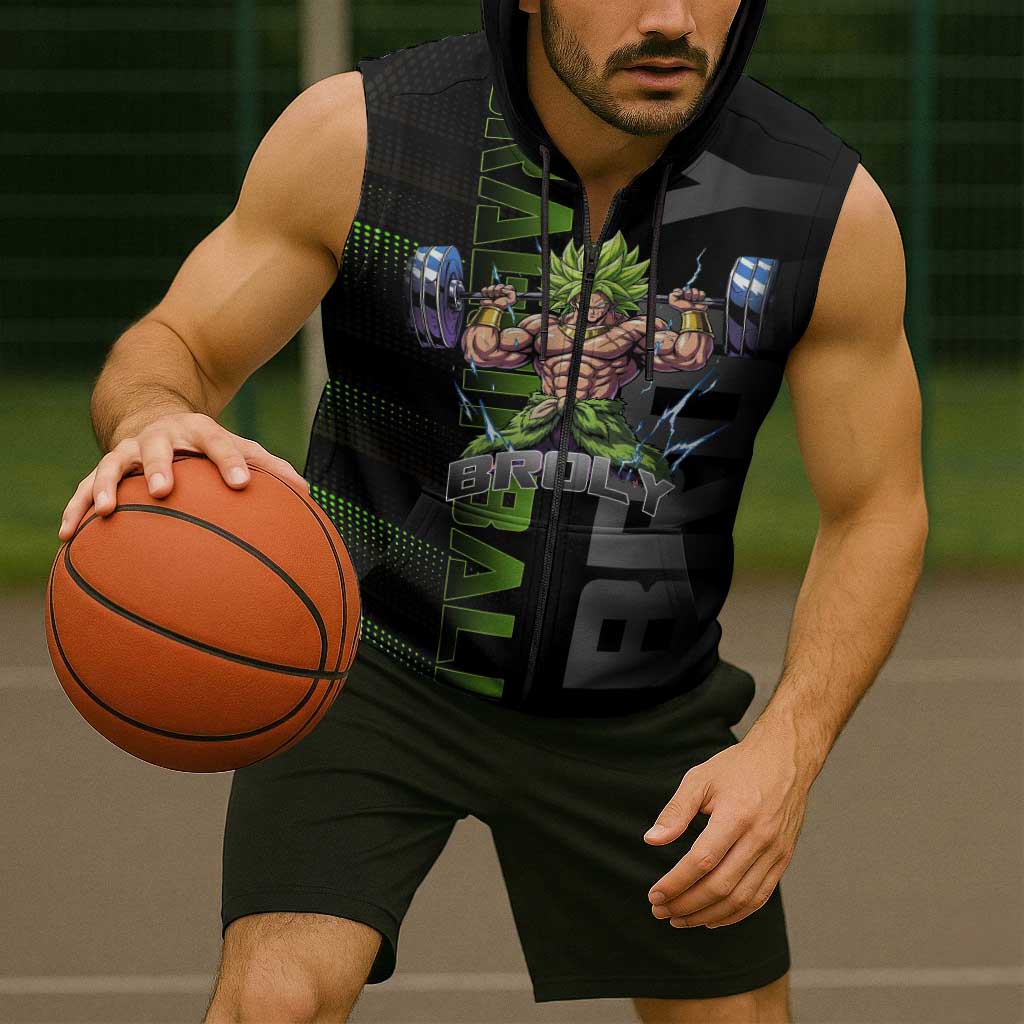 Broly Gym Theme Black and Green Design Sleeveless Zip Hoodie with Powerlifting Pose and Electrified Muscle Artwork - The Mazicc