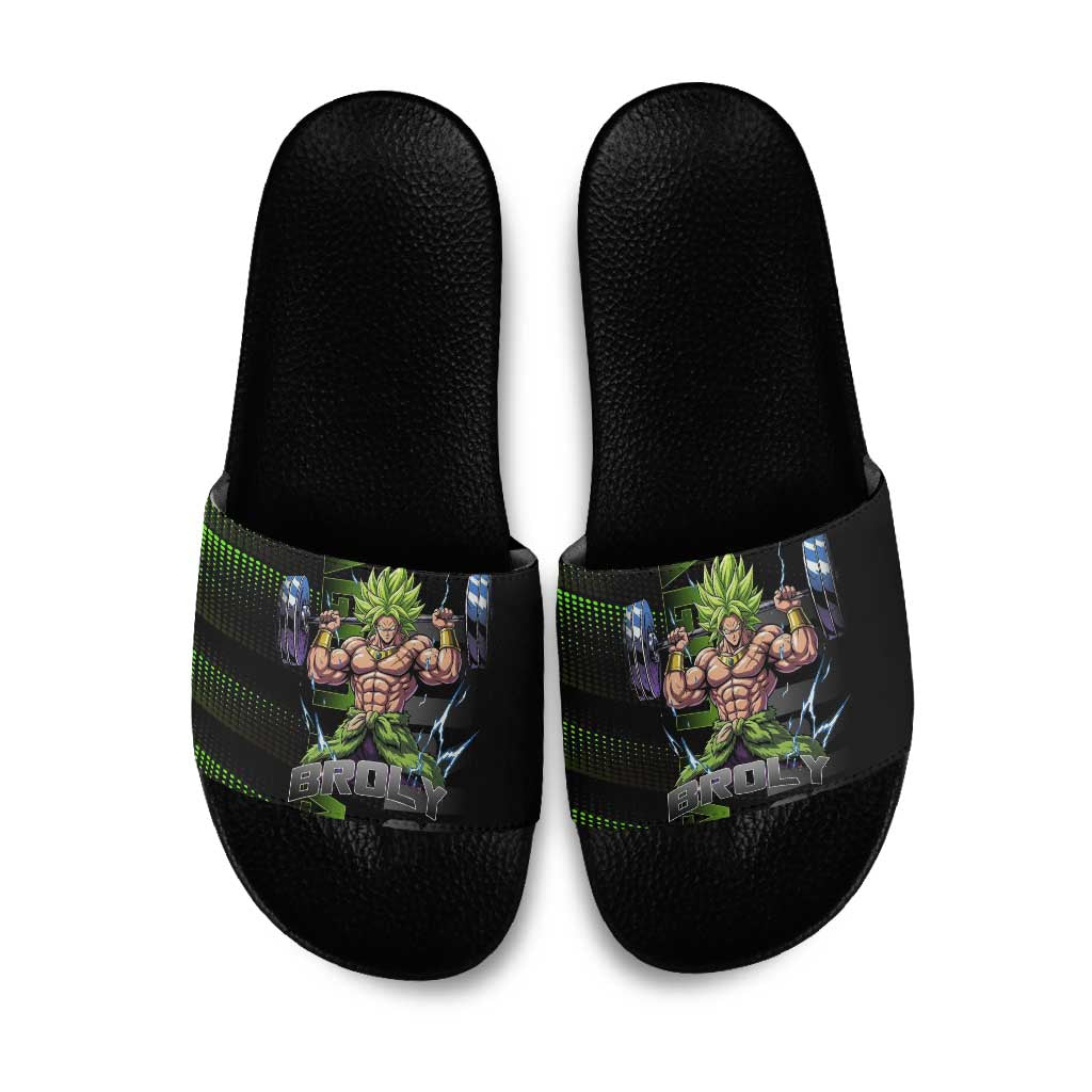 Broly Gym Theme Black and Green Design Slide Sandals with Powerlifting Pose and Electrified Muscle Artwork - The Mazicc