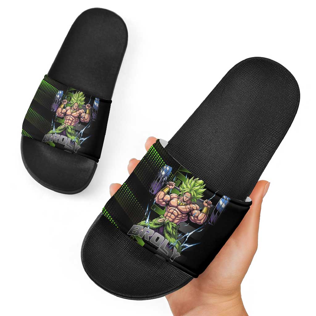 Broly Gym Theme Black and Green Design Slide Sandals with Powerlifting Pose and Electrified Muscle Artwork - The Mazicc