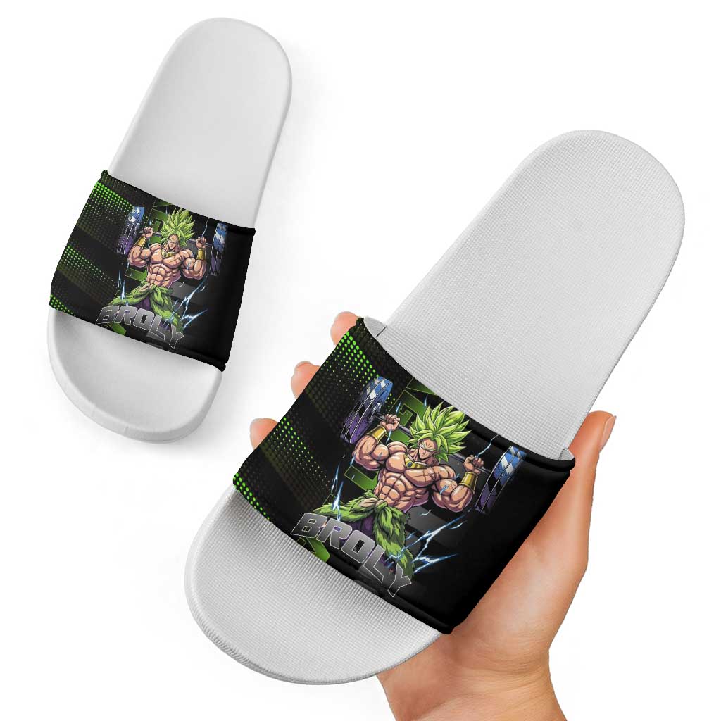 Broly Gym Theme Black and Green Design Slide Sandals with Powerlifting Pose and Electrified Muscle Artwork - The Mazicc