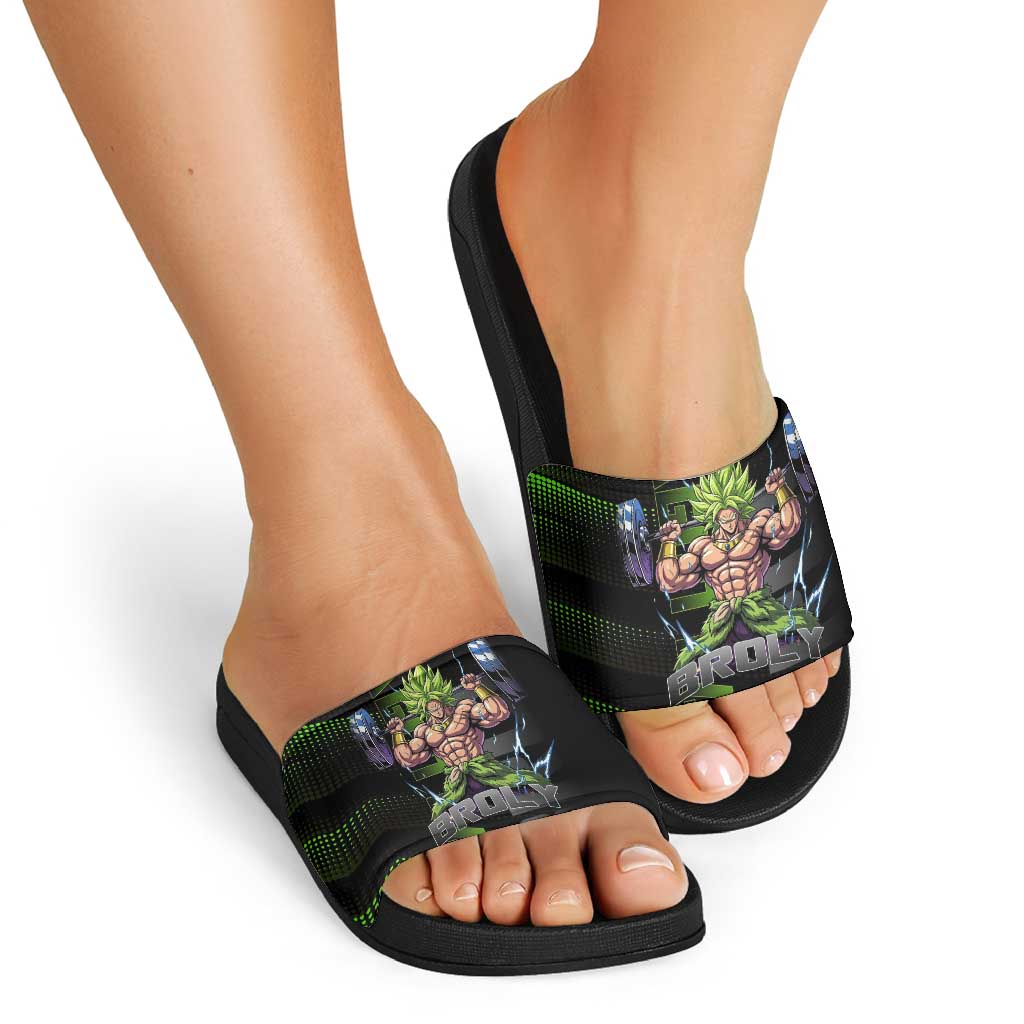 Broly Gym Theme Black and Green Design Slide Sandals with Powerlifting Pose and Electrified Muscle Artwork - The Mazicc