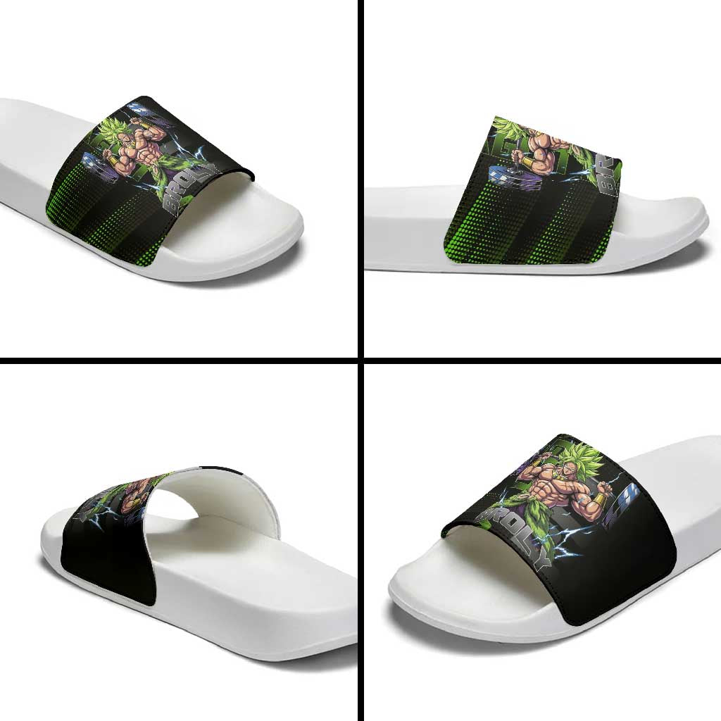 Broly Gym Theme Black and Green Design Slide Sandals with Powerlifting Pose and Electrified Muscle Artwork - The Mazicc