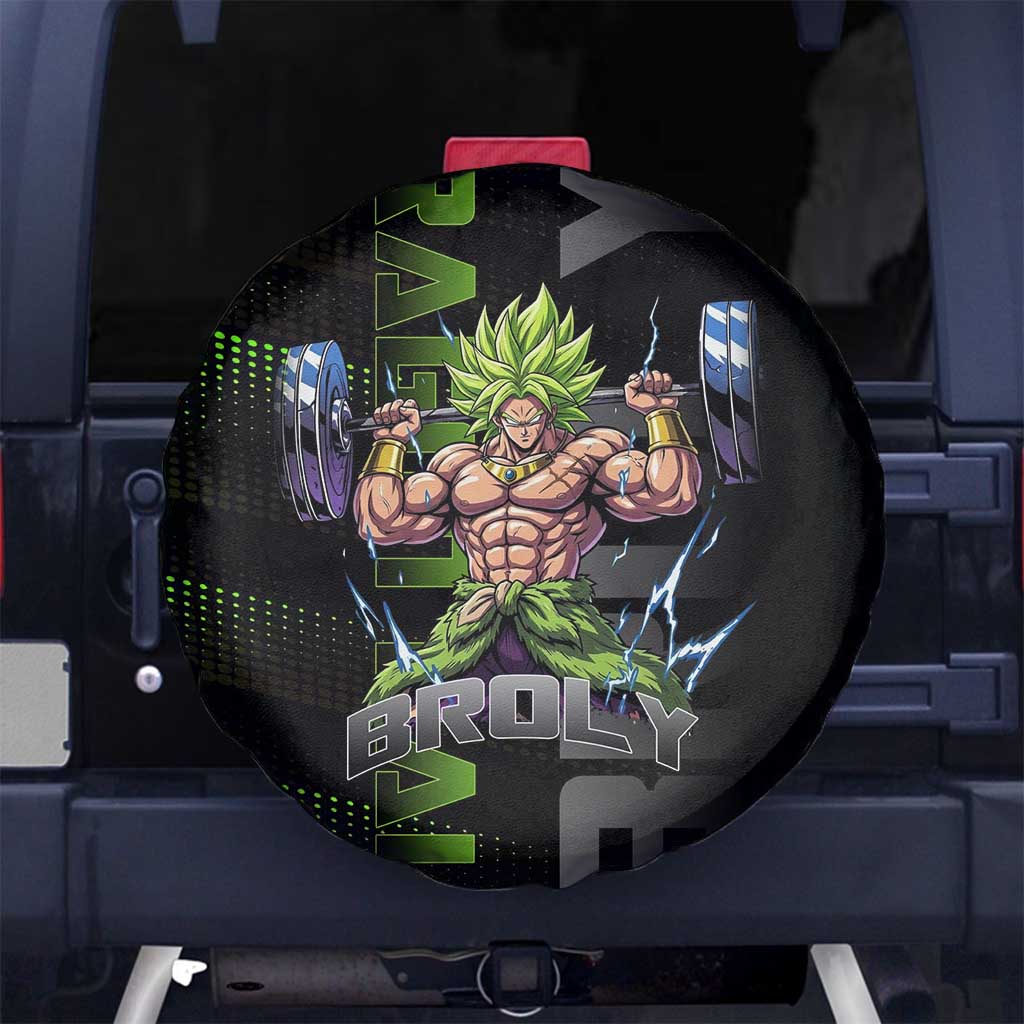 Broly Gym Theme Black and Green Design Spare Tire Cover with Powerlifting Pose and Electrified Muscle Artwork - The Mazicc