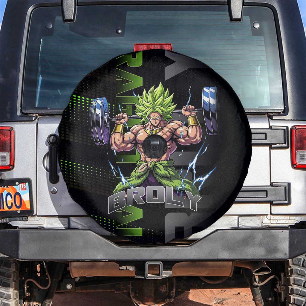 Broly Gym Theme Black and Green Design Spare Tire Cover with Powerlifting Pose and Electrified Muscle Artwork - The Mazicc