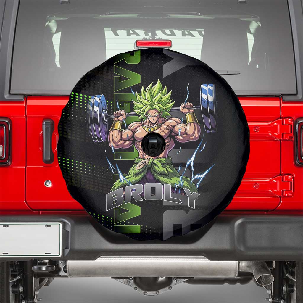 Broly Gym Theme Black and Green Design Spare Tire Cover with Powerlifting Pose and Electrified Muscle Artwork - The Mazicc