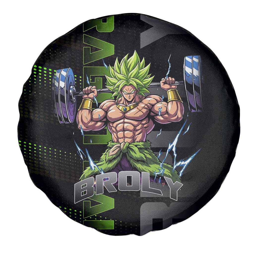 Broly Gym Theme Black and Green Design Spare Tire Cover with Powerlifting Pose and Electrified Muscle Artwork - The Mazicc