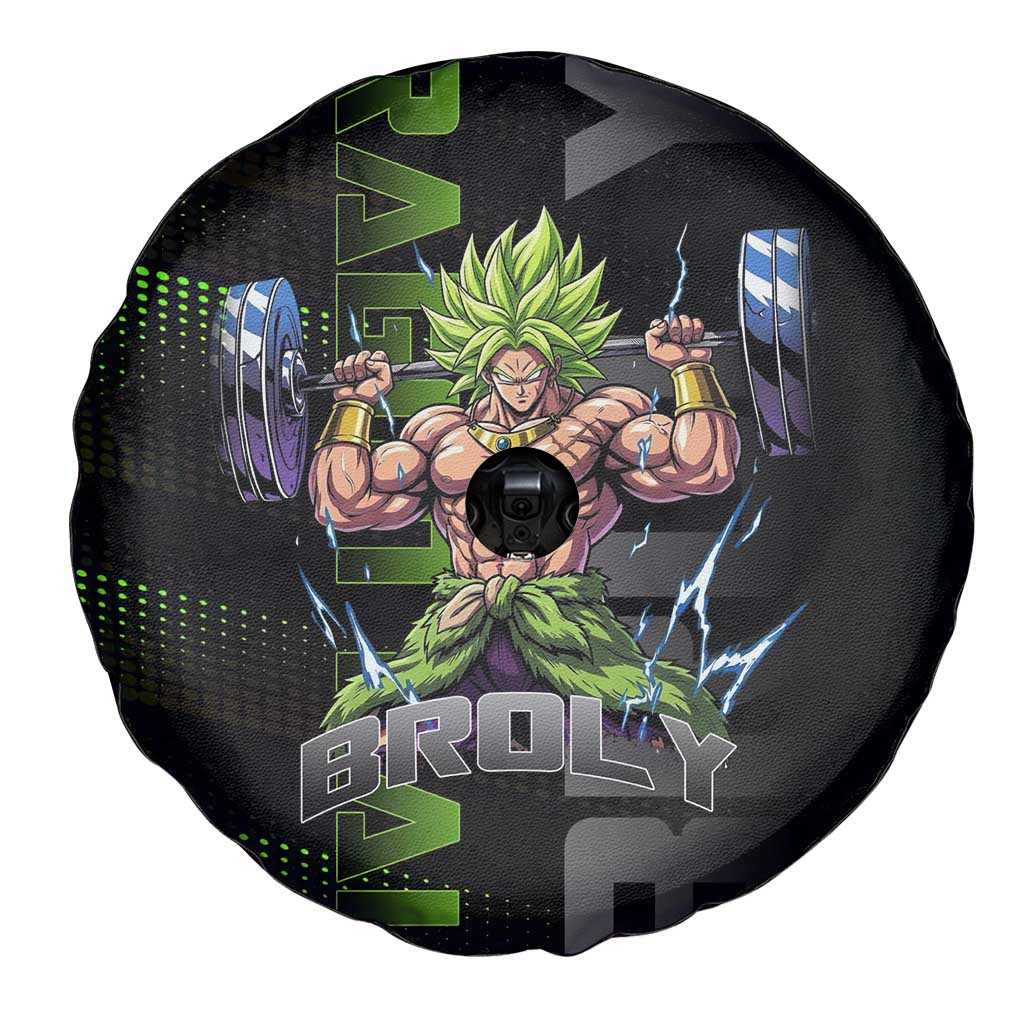 Broly Gym Theme Black and Green Design Spare Tire Cover with Powerlifting Pose and Electrified Muscle Artwork - The Mazicc
