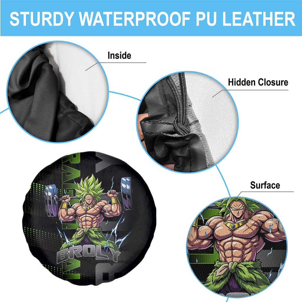 Broly Gym Theme Black and Green Design Spare Tire Cover with Powerlifting Pose and Electrified Muscle Artwork - The Mazicc