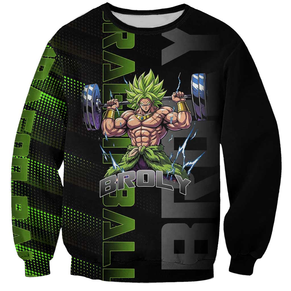 Broly Gym Theme Black and Green Design Sweatshirt with Powerlifting Pose and Electrified Muscle Artwork - The Mazicc
