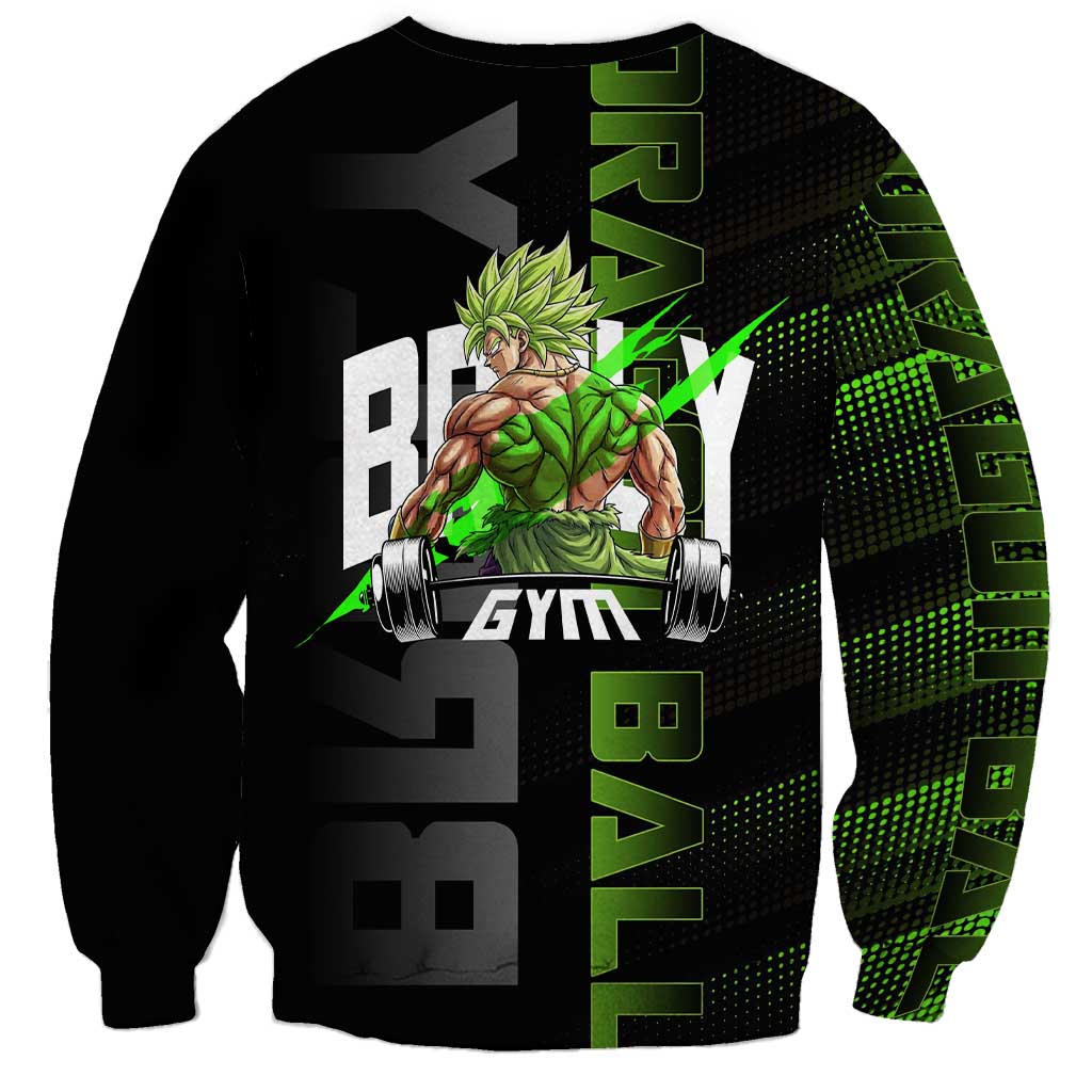 Broly Gym Theme Black and Green Design Sweatshirt with Powerlifting Pose and Electrified Muscle Artwork - The Mazicc