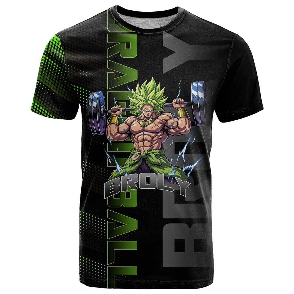 Broly Gym Theme Black and Green Design T Shirt with Powerlifting Pose and Electrified Muscle Artwork - The Mazicc