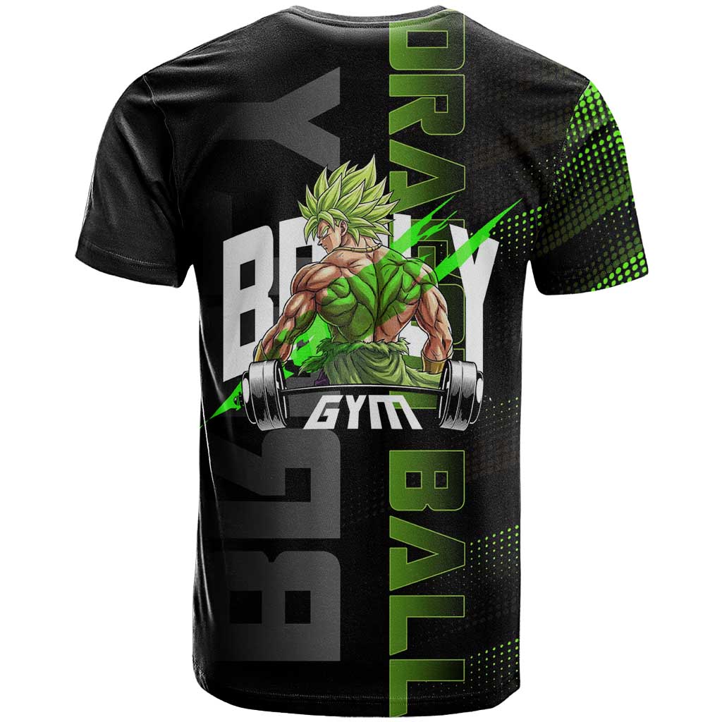 Broly Gym Theme Black and Green Design T Shirt with Powerlifting Pose and Electrified Muscle Artwork - The Mazicc