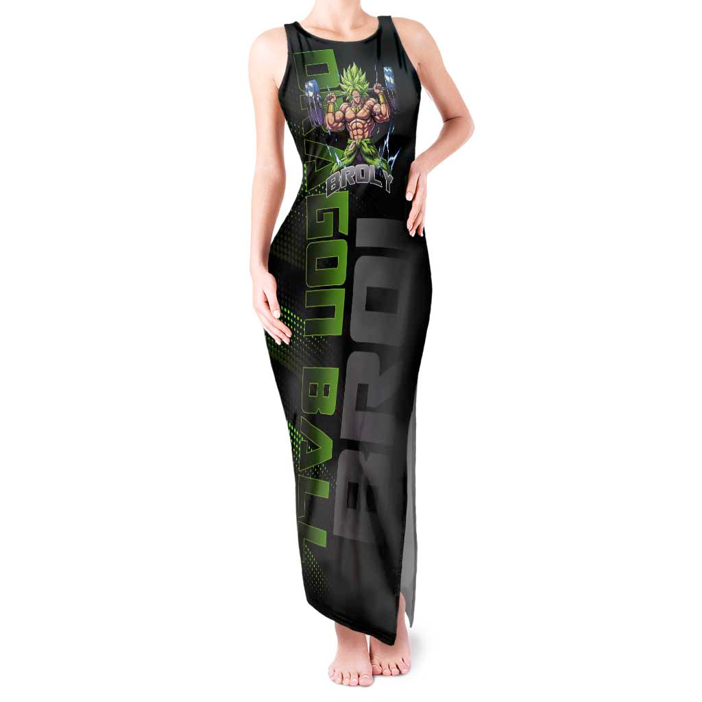 Broly Gym Theme Black and Green Design Tank Maxi Dress with Powerlifting Pose and Electrified Muscle Artwork - The Mazicc