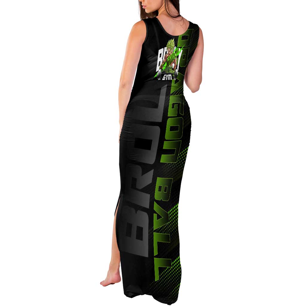Broly Gym Theme Black and Green Design Tank Maxi Dress with Powerlifting Pose and Electrified Muscle Artwork - The Mazicc
