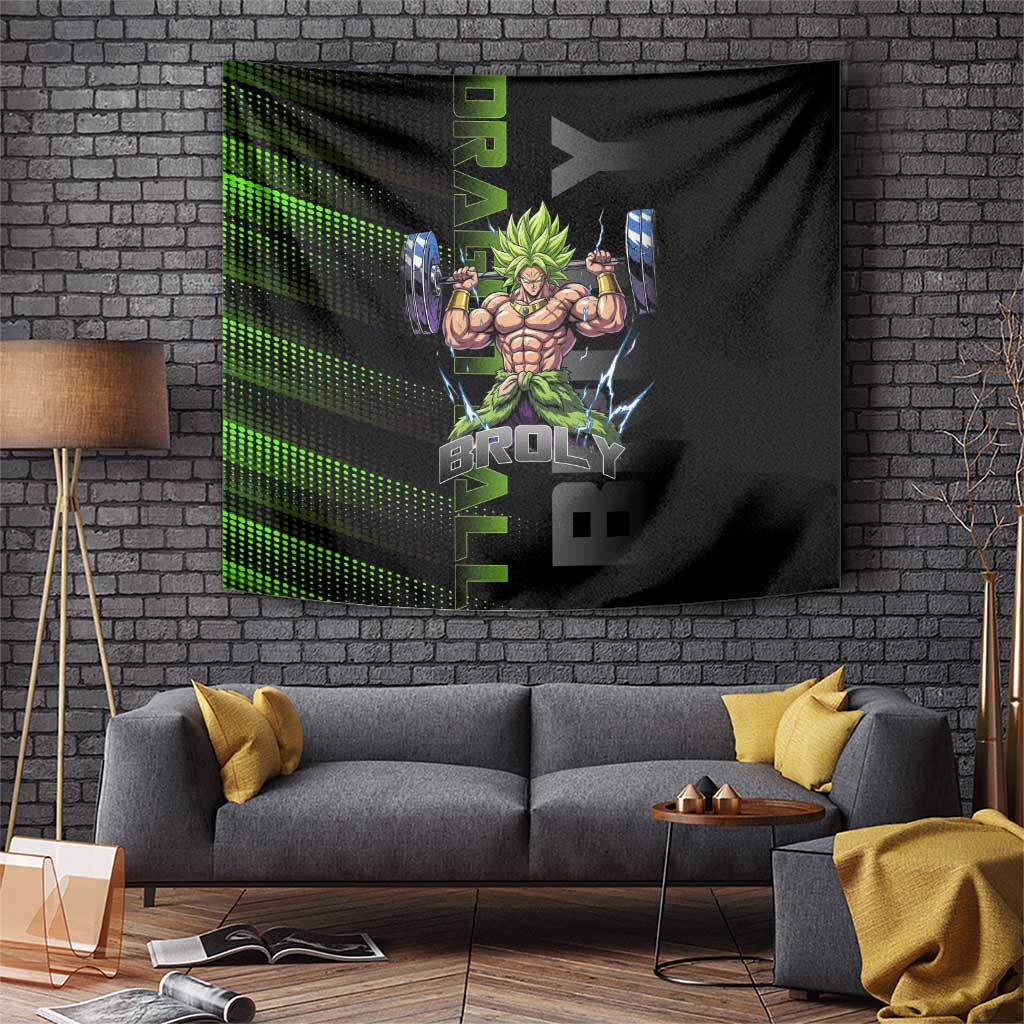 Broly Gym Theme Black and Green Design Tapestry with Powerlifting Pose and Electrified Muscle Artwork - The Mazicc