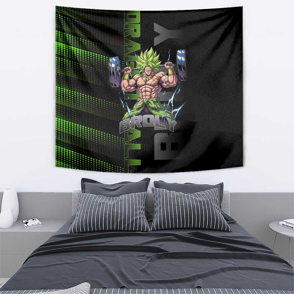 Broly Gym Theme Black and Green Design Tapestry with Powerlifting Pose and Electrified Muscle Artwork - The Mazicc