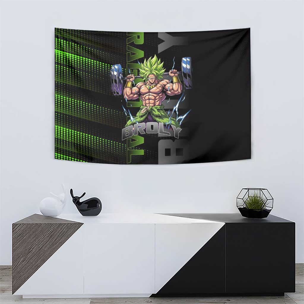 Broly Gym Theme Black and Green Design Tapestry with Powerlifting Pose and Electrified Muscle Artwork - The Mazicc