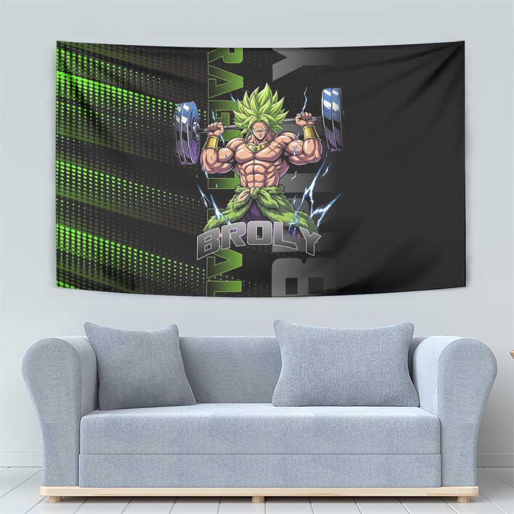 Broly Gym Theme Black and Green Design Tapestry with Powerlifting Pose and Electrified Muscle Artwork - The Mazicc