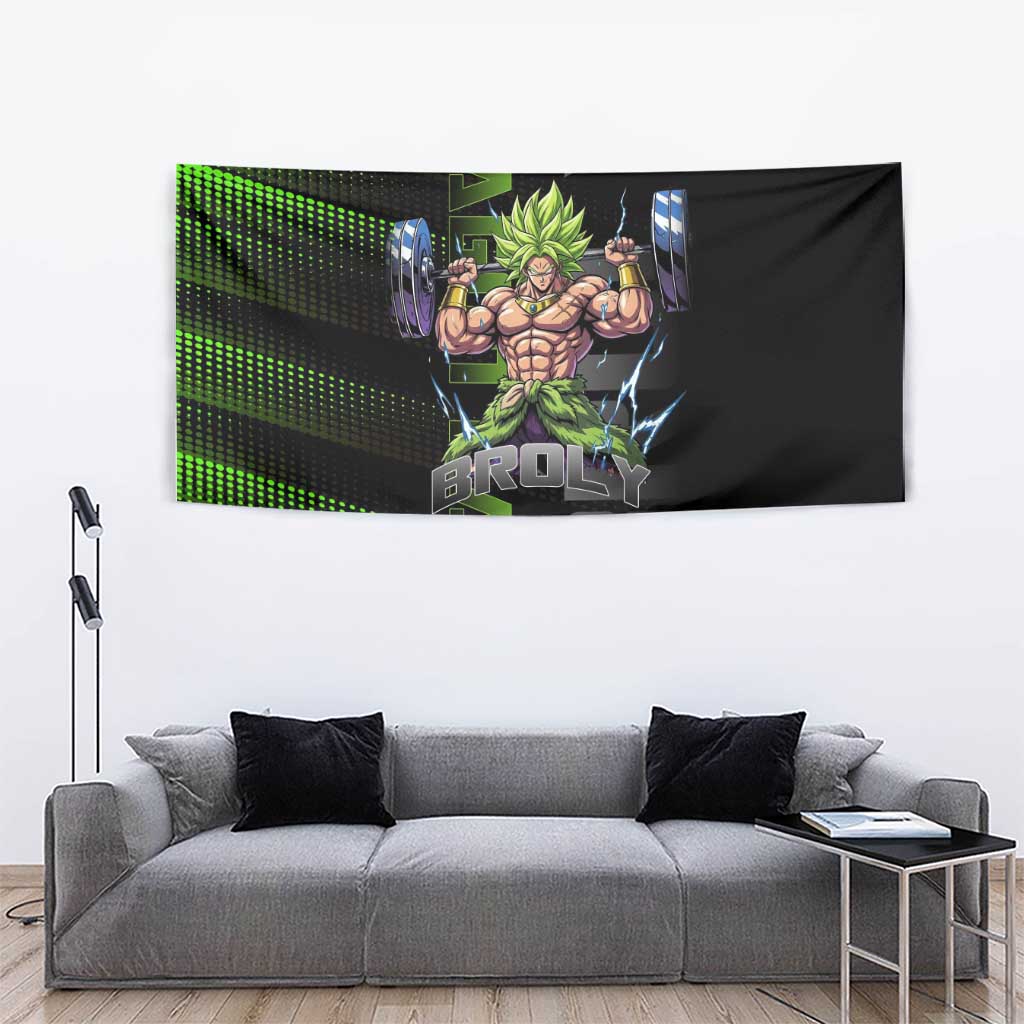 Broly Gym Theme Black and Green Design Tapestry with Powerlifting Pose and Electrified Muscle Artwork - The Mazicc