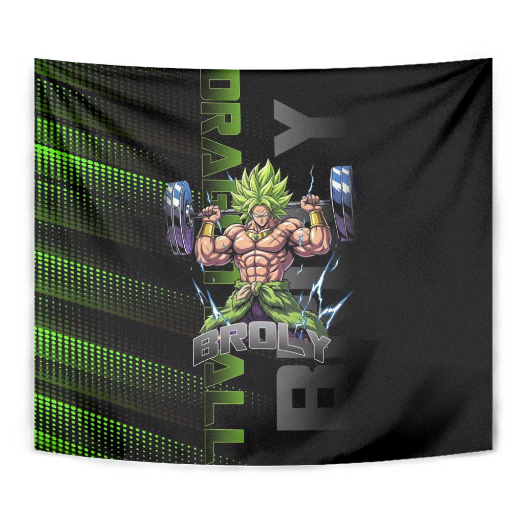 Broly Gym Theme Black and Green Design Tapestry with Powerlifting Pose and Electrified Muscle Artwork - The Mazicc
