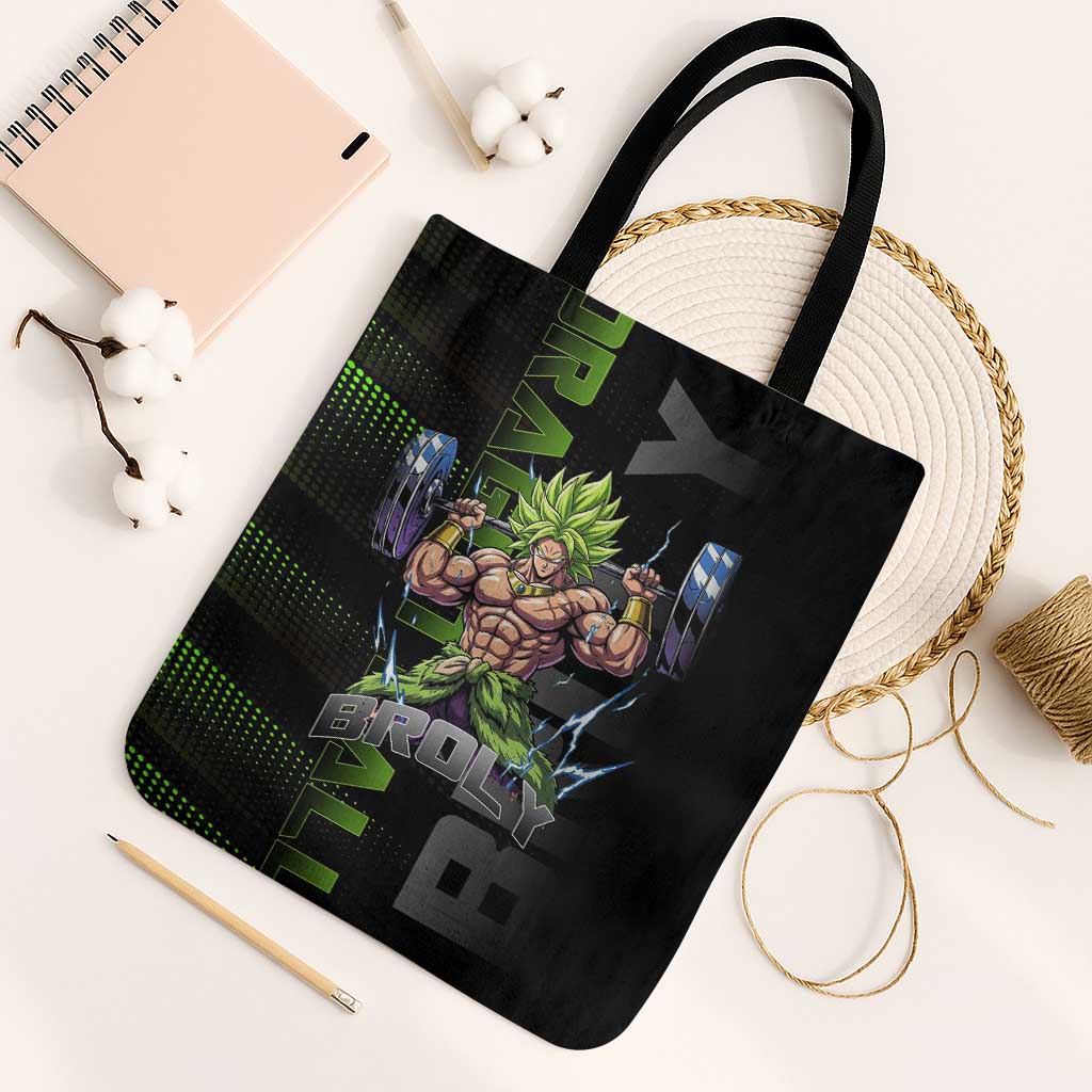 Broly Gym Theme Black and Green Design Tote Bag with Powerlifting Pose and Electrified Muscle Artwork - The Mazicc