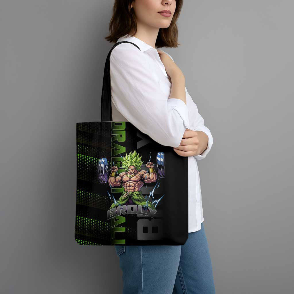 Broly Gym Theme Black and Green Design Tote Bag with Powerlifting Pose and Electrified Muscle Artwork - The Mazicc