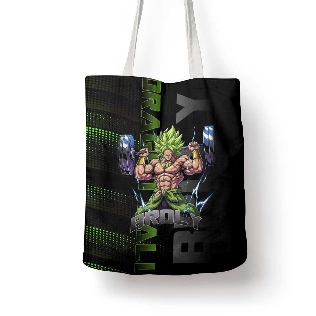 Broly Gym Theme Black and Green Design Tote Bag with Powerlifting Pose and Electrified Muscle Artwork - The Mazicc