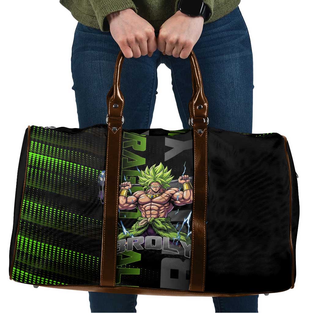 Broly Gym Theme Black and Green Design Travel Bag with Powerlifting Pose and Electrified Muscle Artwork - The Mazicc