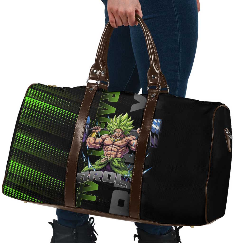 Broly Gym Theme Black and Green Design Travel Bag with Powerlifting Pose and Electrified Muscle Artwork - The Mazicc