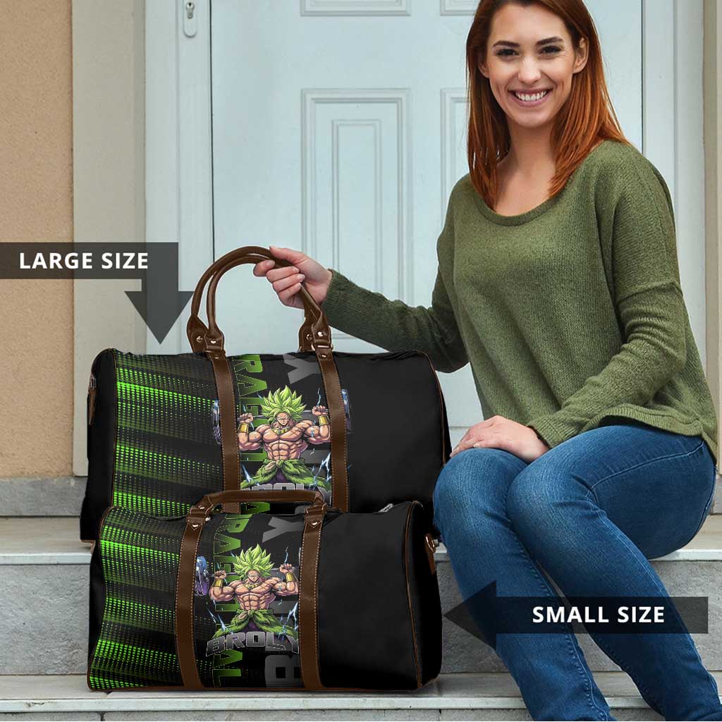 Broly Gym Theme Black and Green Design Travel Bag with Powerlifting Pose and Electrified Muscle Artwork - The Mazicc