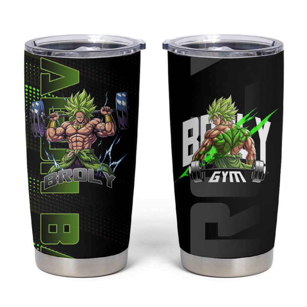 Broly Gym Theme Black and Green Design Tumbler Cup with Powerlifting Pose and Electrified Muscle Artwork - The Mazicc