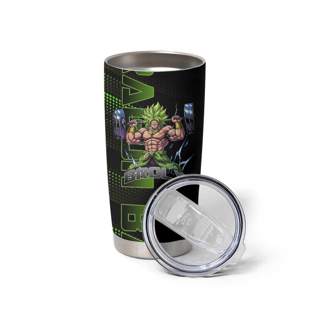 Broly Gym Theme Black and Green Design Tumbler Cup with Powerlifting Pose and Electrified Muscle Artwork - The Mazicc