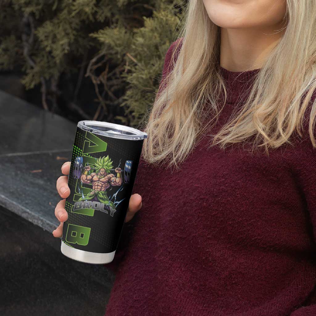 Broly Gym Theme Black and Green Design Tumbler Cup with Powerlifting Pose and Electrified Muscle Artwork - The Mazicc