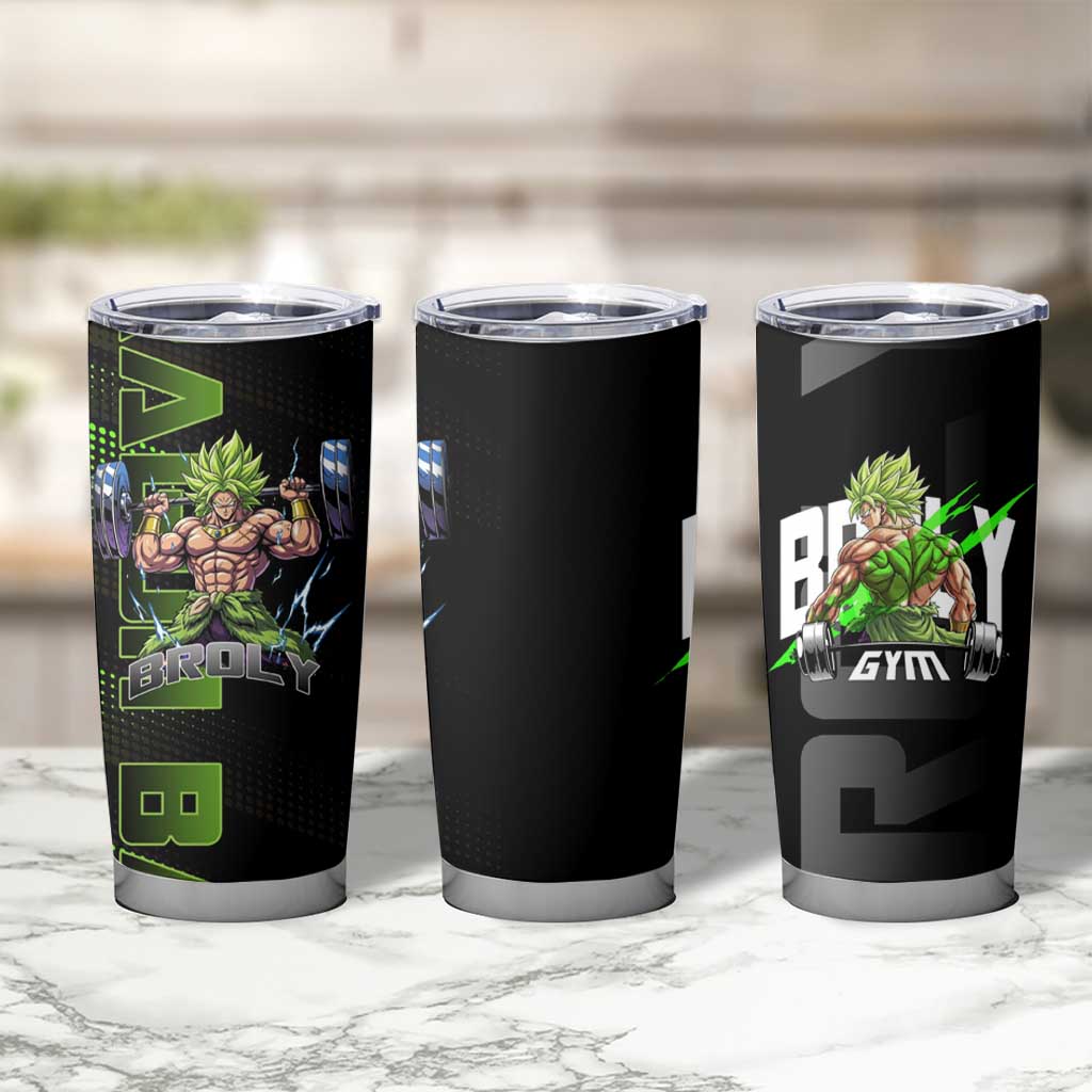 Broly Gym Theme Black and Green Design Tumbler Cup with Powerlifting Pose and Electrified Muscle Artwork - The Mazicc