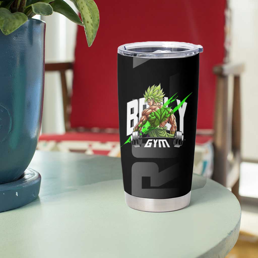 Broly Gym Theme Black and Green Design Tumbler Cup with Powerlifting Pose and Electrified Muscle Artwork - The Mazicc