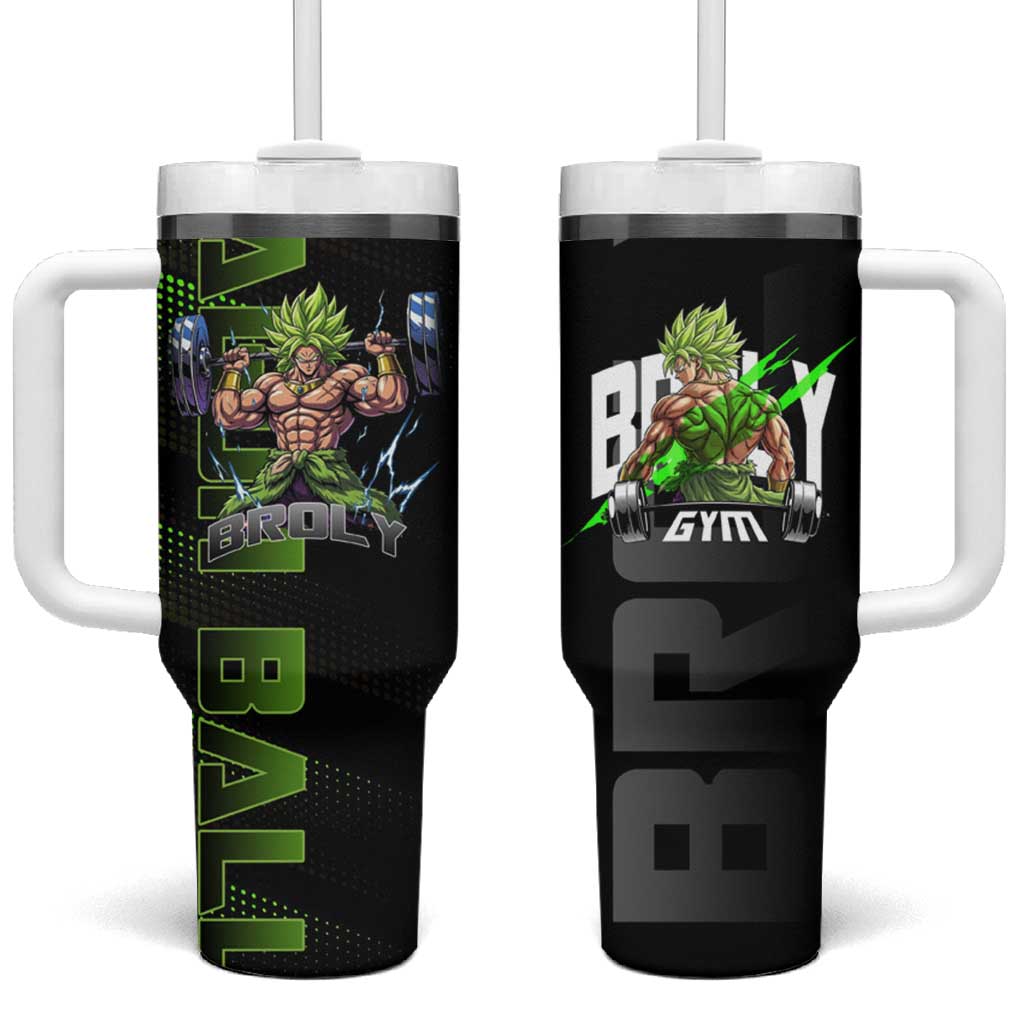 Broly Gym Theme Black and Green Design Tumbler With Handle with Powerlifting Pose and Electrified Muscle Artwork - The Mazicc