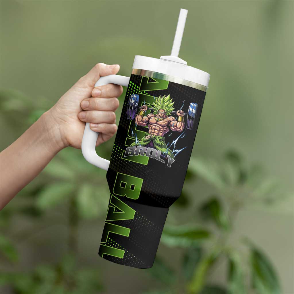 Broly Gym Theme Black and Green Design Tumbler With Handle with Powerlifting Pose and Electrified Muscle Artwork - The Mazicc