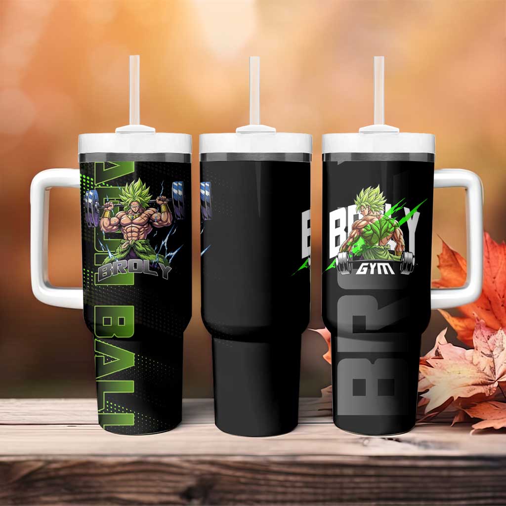 Broly Gym Theme Black and Green Design Tumbler With Handle with Powerlifting Pose and Electrified Muscle Artwork - The Mazicc