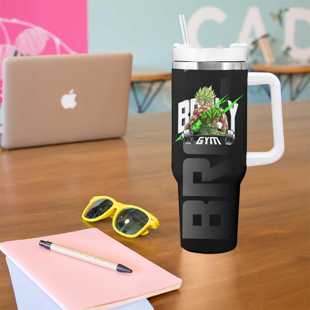 Broly Gym Theme Black and Green Design Tumbler With Handle with Powerlifting Pose and Electrified Muscle Artwork - The Mazicc