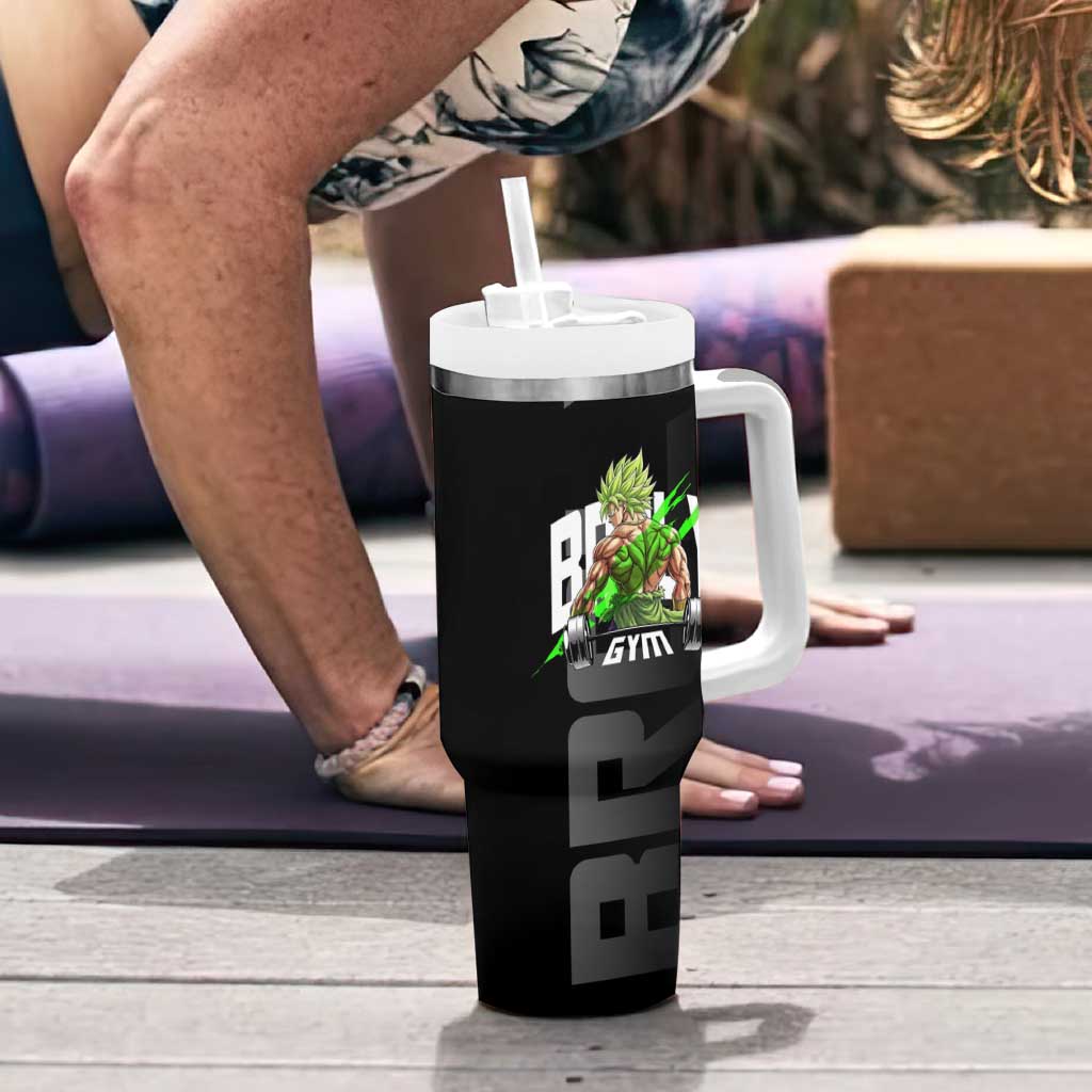 Broly Gym Theme Black and Green Design Tumbler With Handle with Powerlifting Pose and Electrified Muscle Artwork - The Mazicc