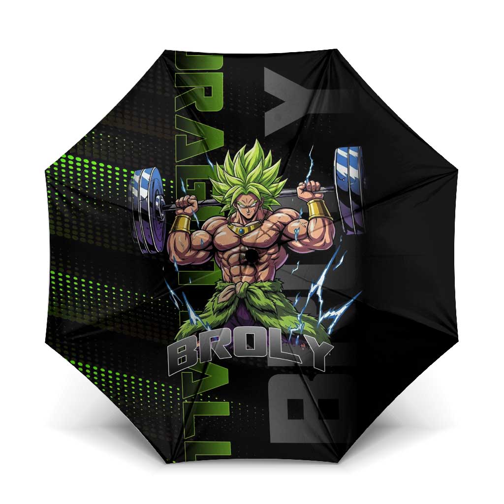 Broly Gym Theme Black and Green Design Umbrella with Powerlifting Pose and Electrified Muscle Artwork - The Mazicc