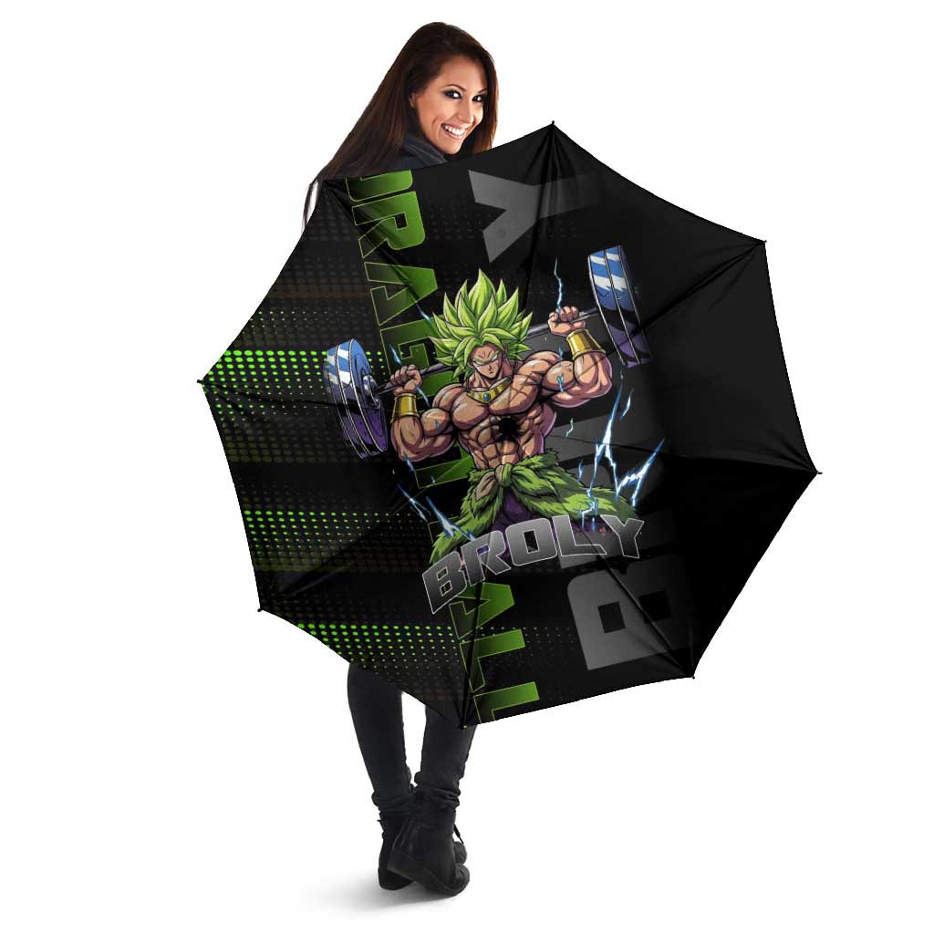 Broly Gym Theme Black and Green Design Umbrella with Powerlifting Pose and Electrified Muscle Artwork - The Mazicc