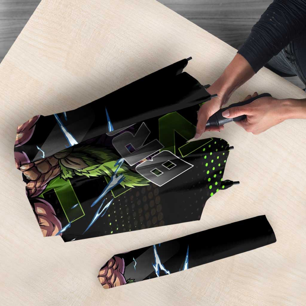 Broly Gym Theme Black and Green Design Umbrella with Powerlifting Pose and Electrified Muscle Artwork - The Mazicc