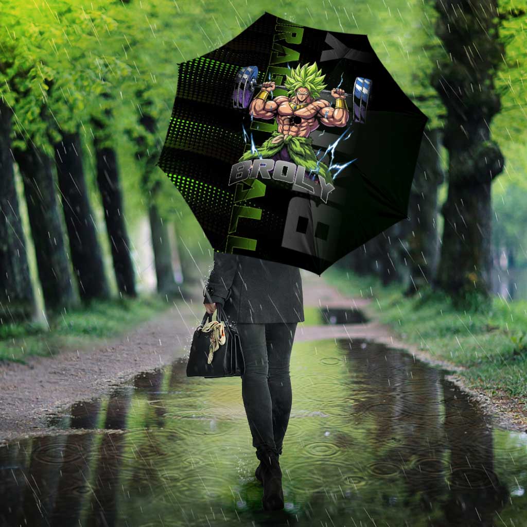 Broly Gym Theme Black and Green Design Umbrella with Powerlifting Pose and Electrified Muscle Artwork - The Mazicc