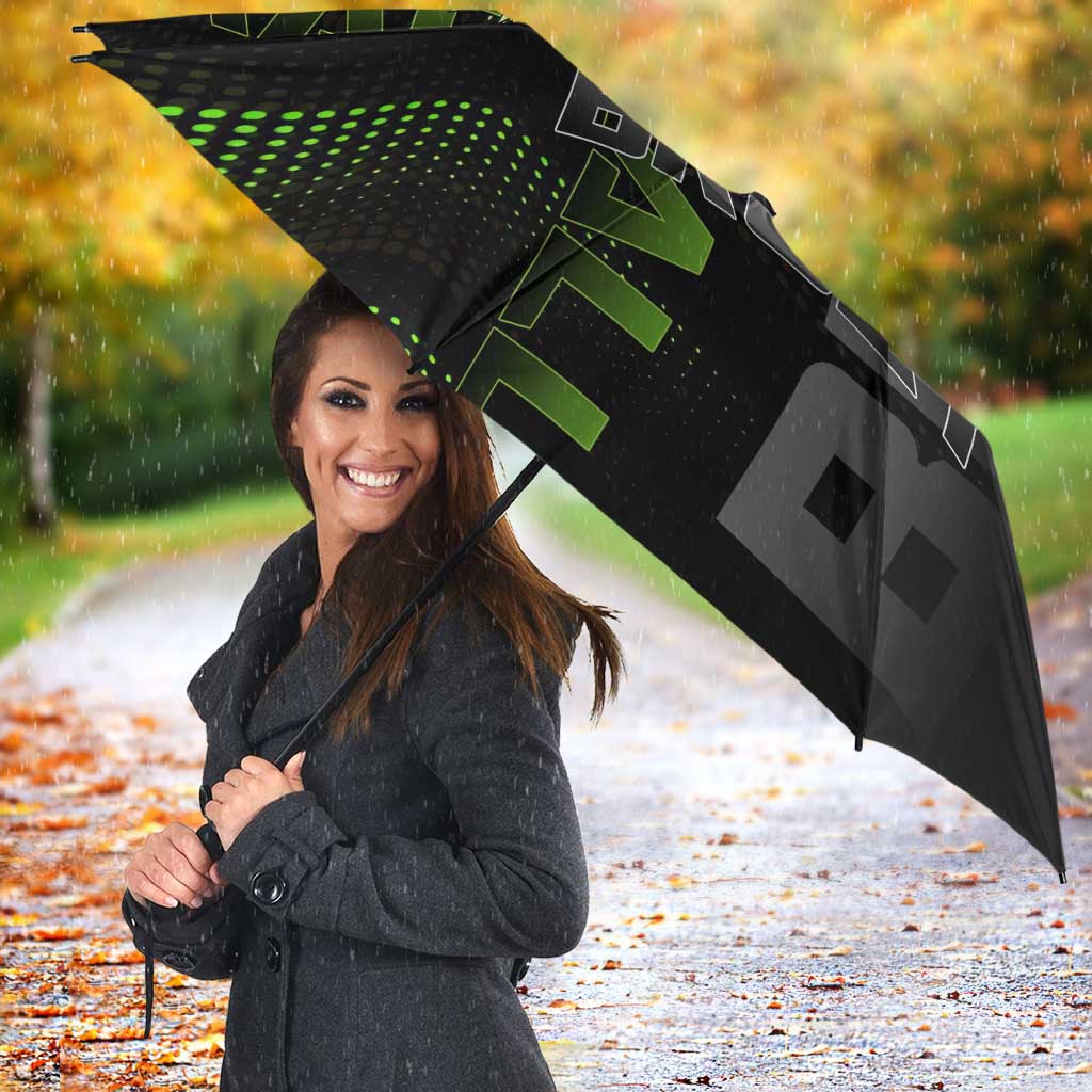 Broly Gym Theme Black and Green Design Umbrella with Powerlifting Pose and Electrified Muscle Artwork - The Mazicc