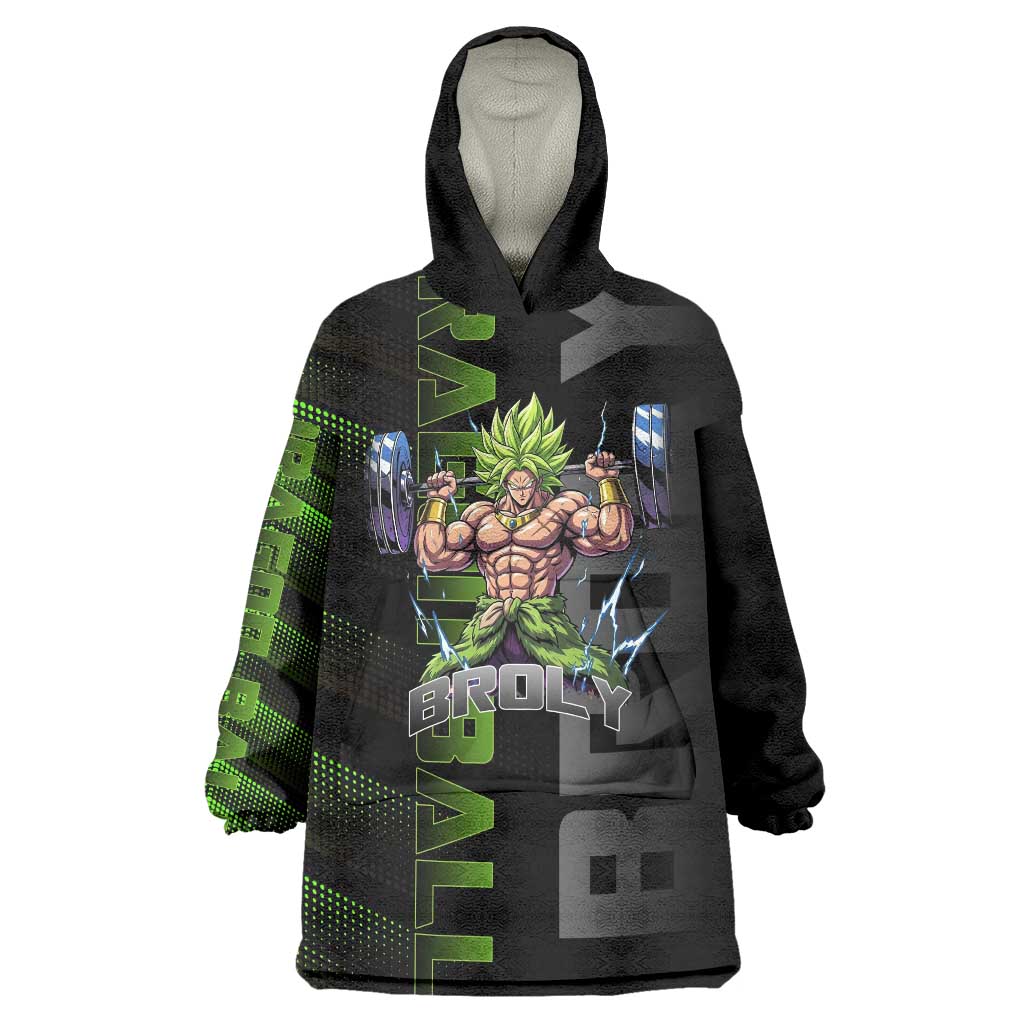 Broly Gym Theme Black and Green Design Wearable Blanket Hoodie with Powerlifting Pose and Electrified Muscle Artwork - The Mazicc