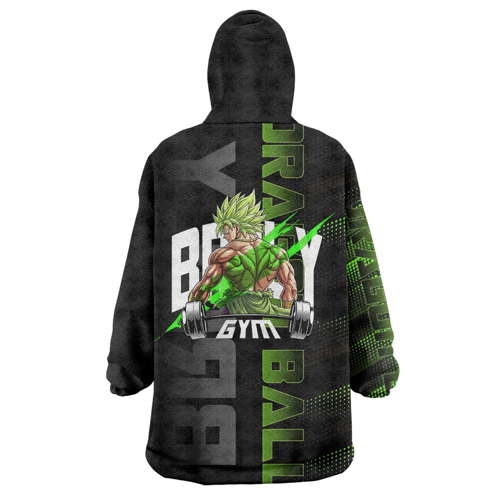 Broly Gym Theme Black and Green Design Wearable Blanket Hoodie with Powerlifting Pose and Electrified Muscle Artwork - The Mazicc