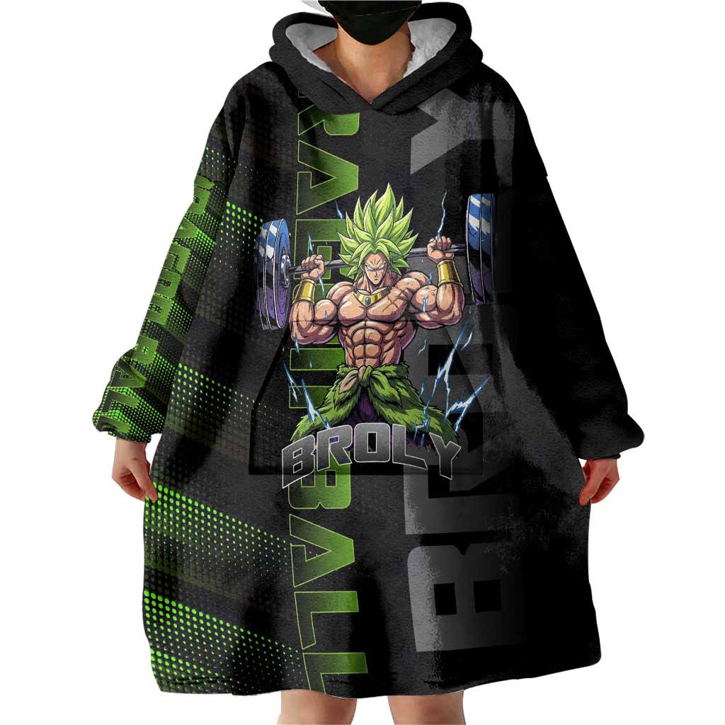 Broly Gym Theme Black and Green Design Wearable Blanket Hoodie with Powerlifting Pose and Electrified Muscle Artwork - The Mazicc