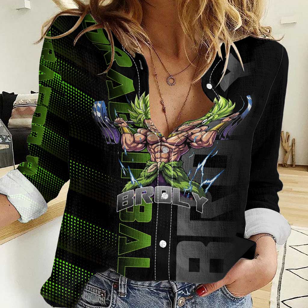 Broly Gym Theme Black and Green Design Women Casual Shirt with Powerlifting Pose and Electrified Muscle Artwork - The Mazicc